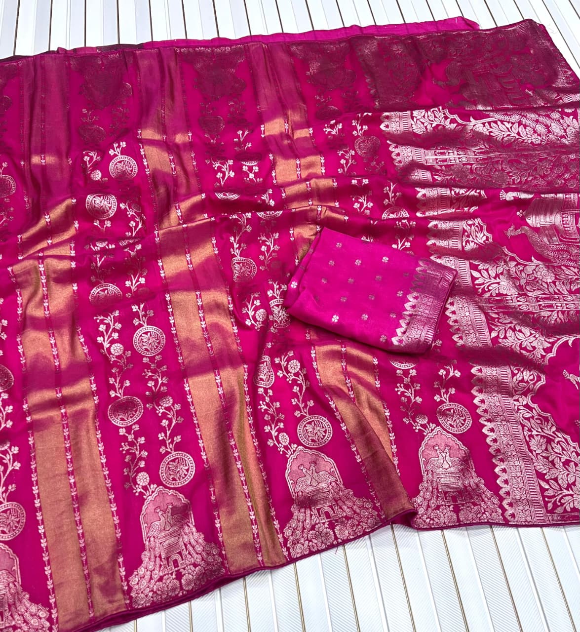 Lustrous Dark Pink Soft Banarasi Tissue Silk Saree With Innovative Blouse Piece