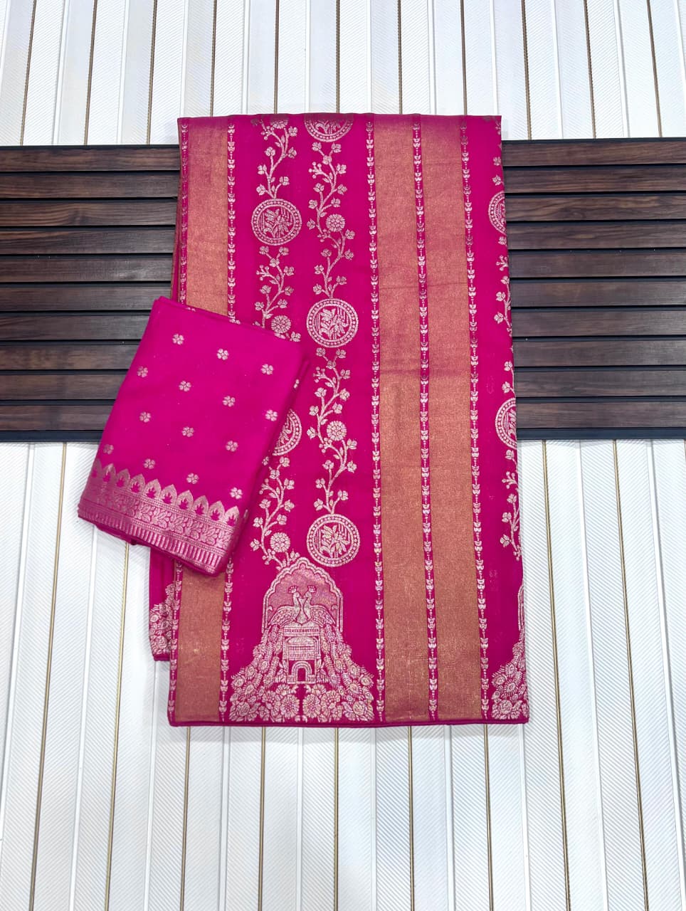 Lustrous Dark Pink Soft Banarasi Tissue Silk Saree With Innovative Blouse Piece