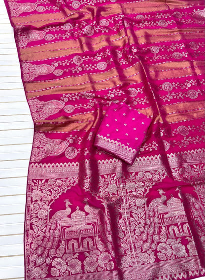 Lustrous Dark Pink Soft Banarasi Tissue Silk Saree With Innovative Blouse Piece