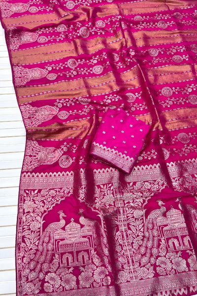 Lustrous Dark Pink Soft Banarasi Tissue Silk Saree With Innovative Blouse Piece
