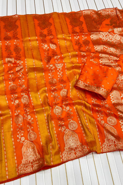 Snazzy Orange Soft Banarasi Tissue Silk Saree With Ethereal Blouse Piece