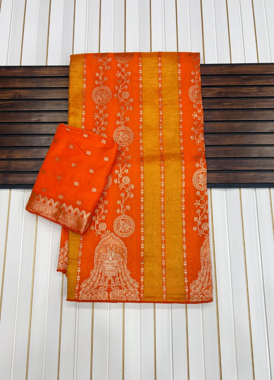 Snazzy Orange Soft Banarasi Tissue Silk Saree With Ethereal Blouse Piece