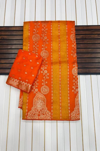 Snazzy Orange Soft Banarasi Tissue Silk Saree With Ethereal Blouse Piece
