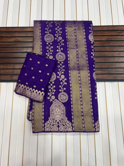 Charming Purple Soft Banarasi Tissue Silk Saree With Fragrant Blouse Piece