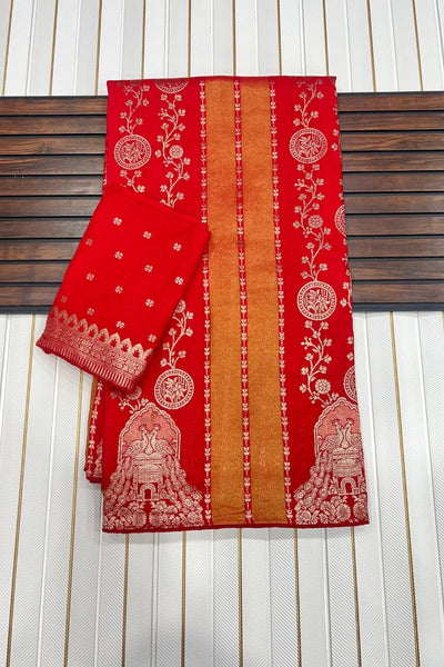 Charismatic Red Soft Banarasi Tissue Silk Saree With Sonorous Blouse Piece
