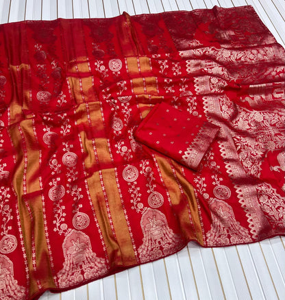 Charismatic Red Soft Banarasi Tissue Silk Saree With Sonorous Blouse Piece