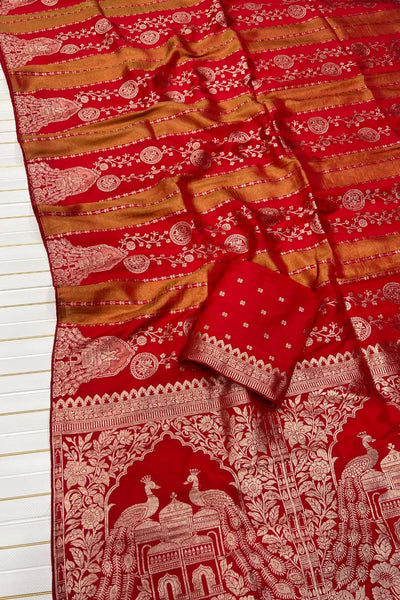 Charismatic Red Soft Banarasi Tissue Silk Saree With Sonorous Blouse Piece