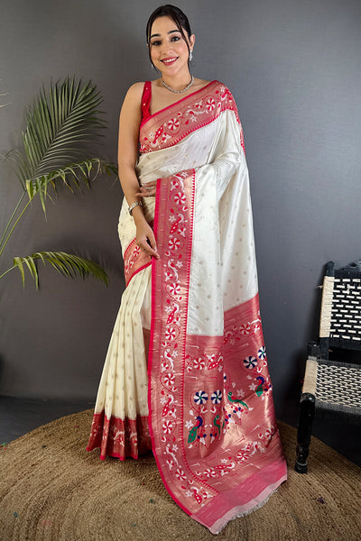 Breathtaking Beige Paithani Silk Saree With Intricate Blouse Piece