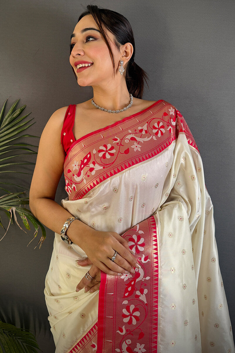 Breathtaking Beige Paithani Silk Saree With Intricate Blouse Piece