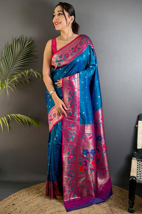 Load image into Gallery viewer, Comely Blue Paithani Silk Saree With Enigmatic Blouse Piece
