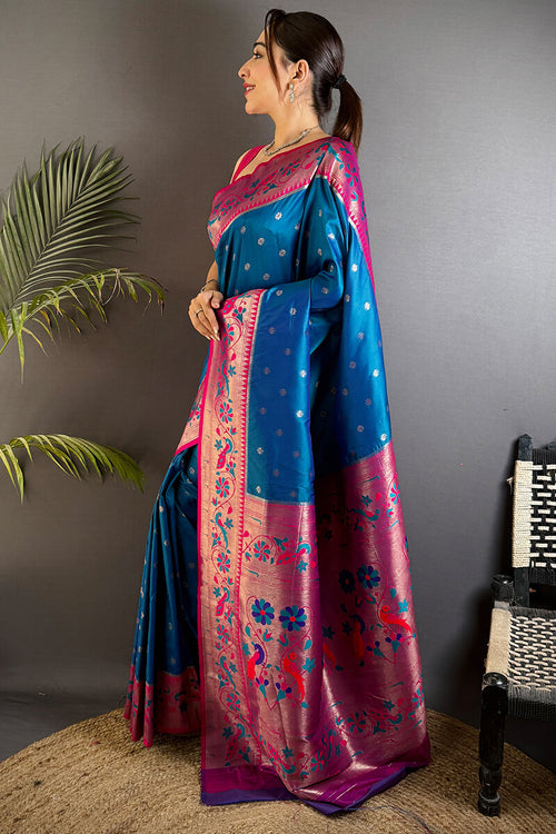 Load image into Gallery viewer, Comely Blue Paithani Silk Saree With Enigmatic Blouse Piece
