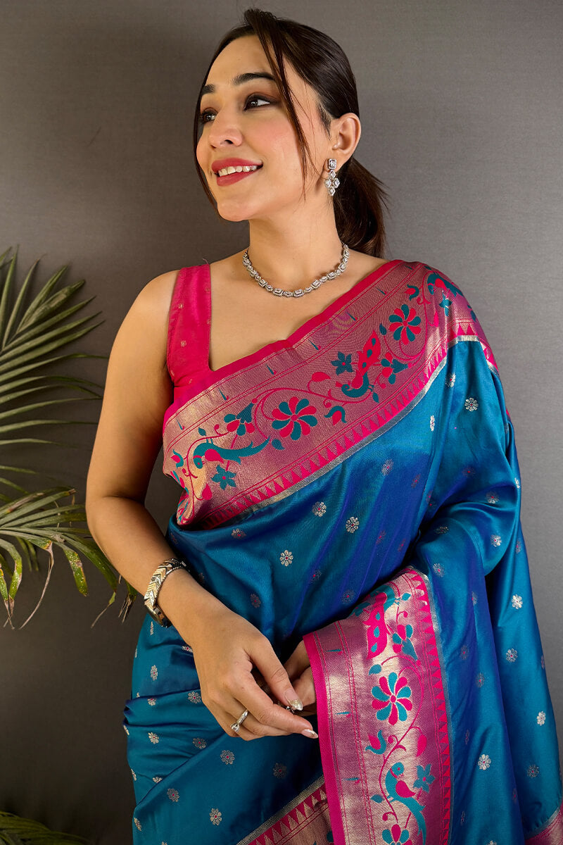 Comely Blue Paithani Silk Saree With Enigmatic Blouse Piece
