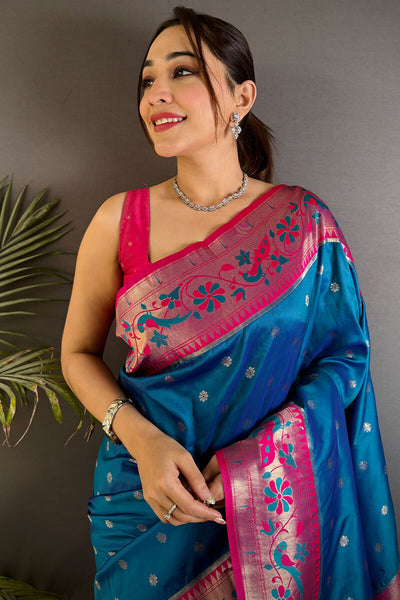 Comely Blue Paithani Silk Saree With Enigmatic Blouse Piece