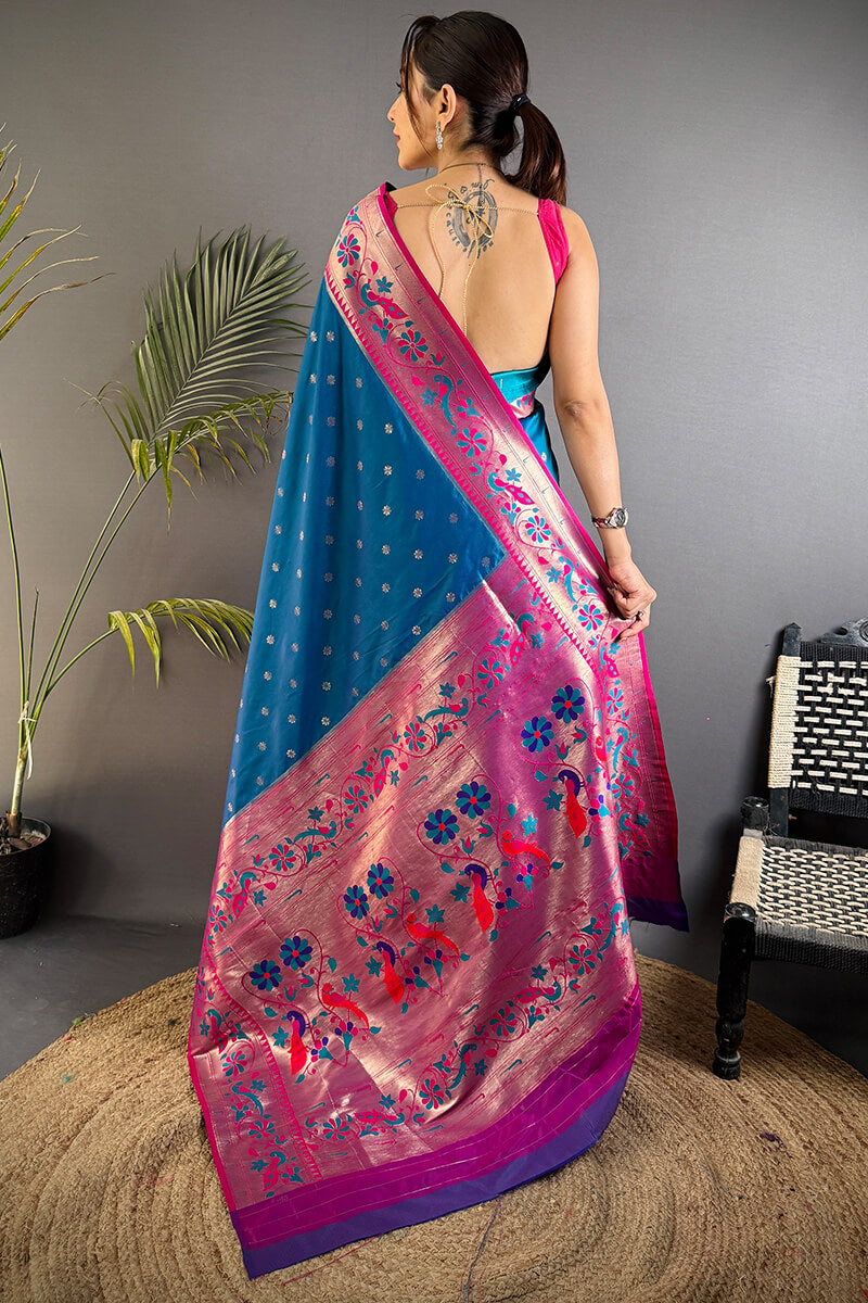 Comely Blue Paithani Silk Saree With Enigmatic Blouse Piece