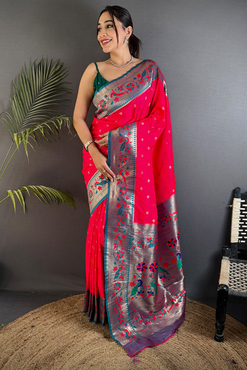 Load image into Gallery viewer, Blissful Dark Pink Paithani Silk Saree With Conflate Blouse Piece
