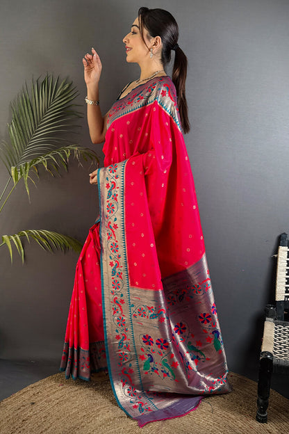 Blissful Dark Pink Paithani Silk Saree With Conflate Blouse Piece