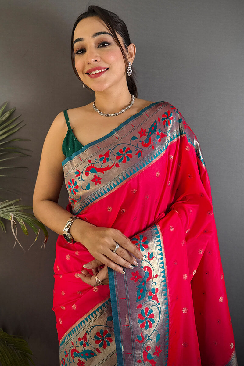 Blissful Dark Pink Paithani Silk Saree With Conflate Blouse Piece