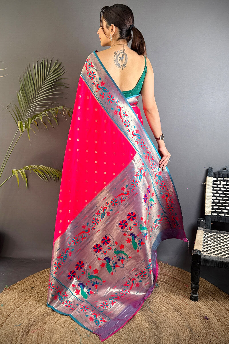 Blissful Dark Pink Paithani Silk Saree With Conflate Blouse Piece