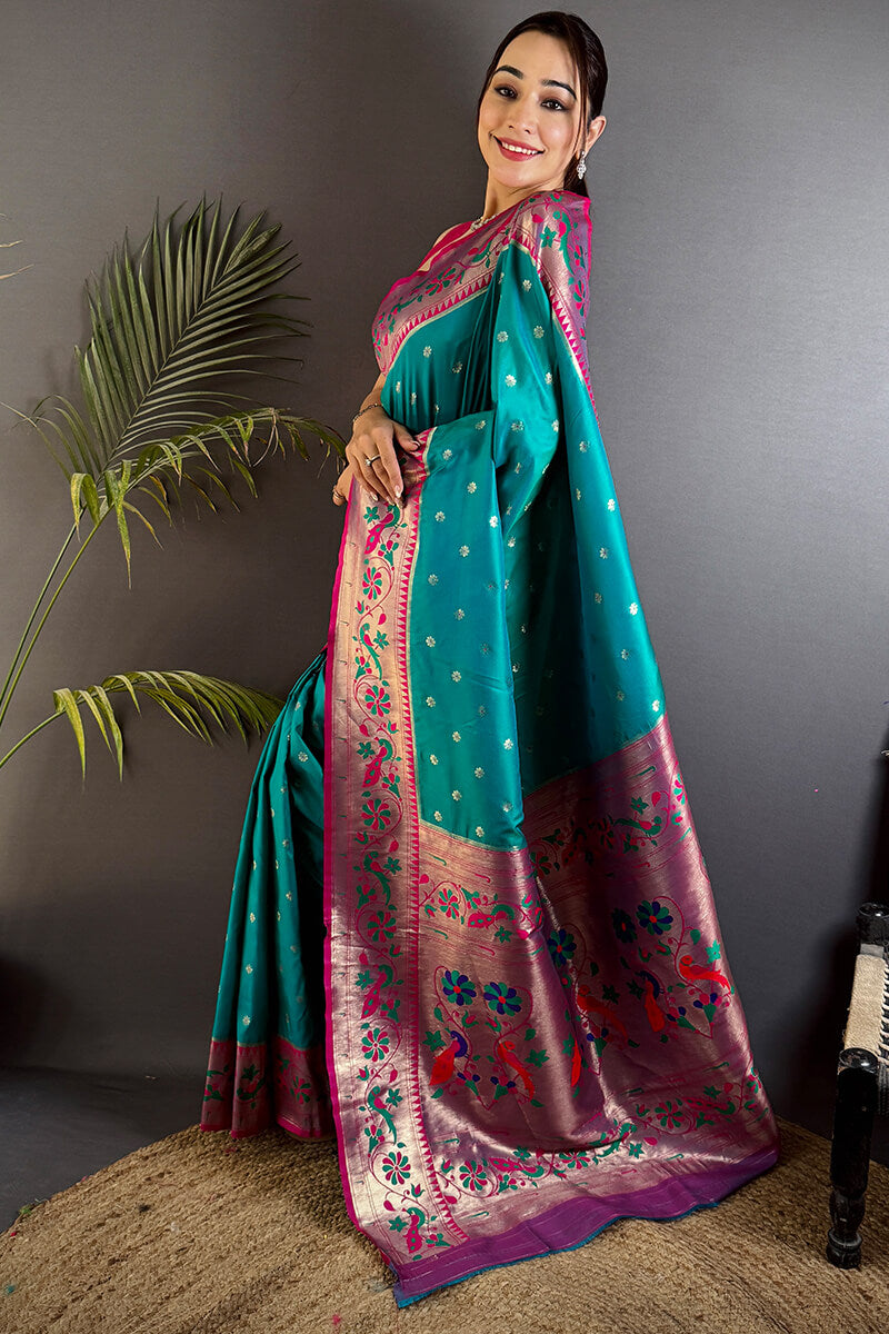 Fantabulous Firozi Paithani Silk Saree With Artistic Blouse Piece
