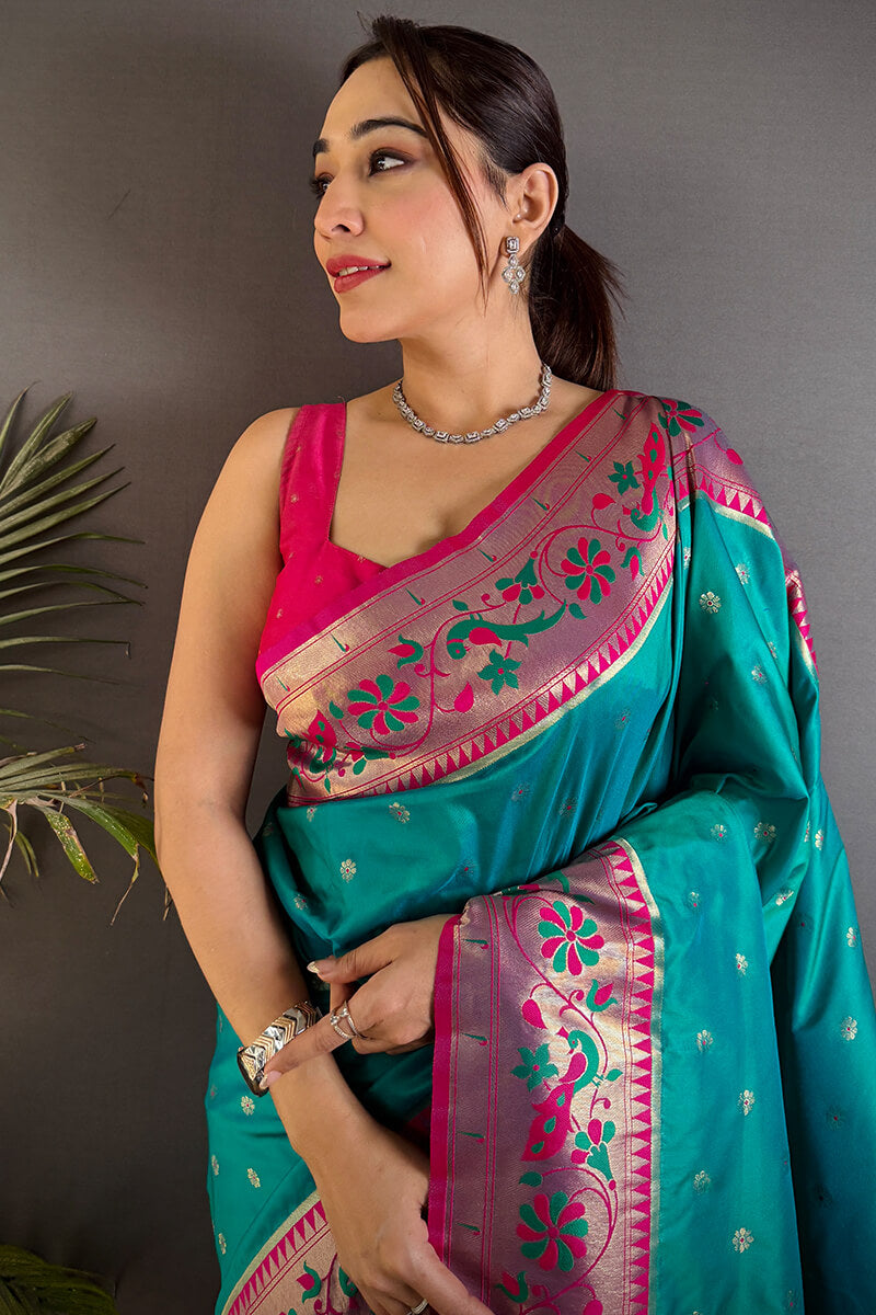 Fantabulous Firozi Paithani Silk Saree With Artistic Blouse Piece