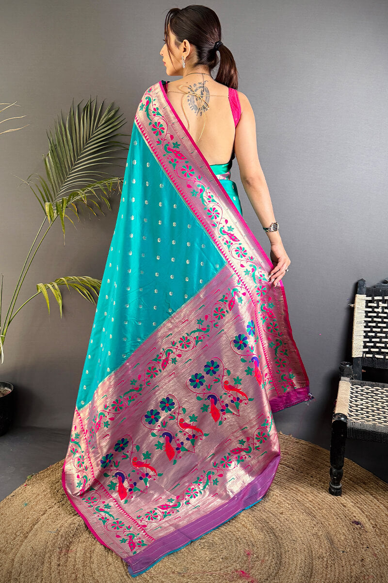 Fantabulous Firozi Paithani Silk Saree With Artistic Blouse Piece