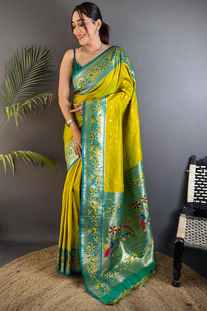 Sempiternal Mustard Paithani Silk Saree With Glittering Blouse Piece