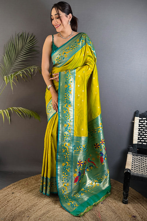 Load image into Gallery viewer, Sempiternal Mustard Paithani Silk Saree With Glittering Blouse Piece
