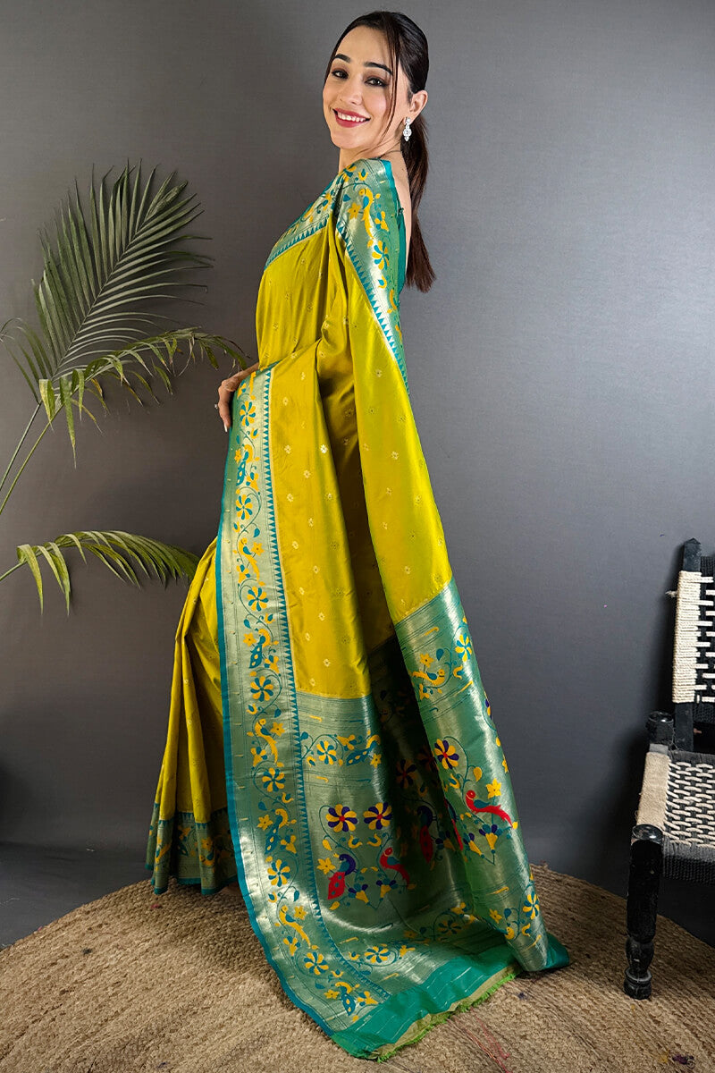 Sempiternal Mustard Paithani Silk Saree With Glittering Blouse Piece