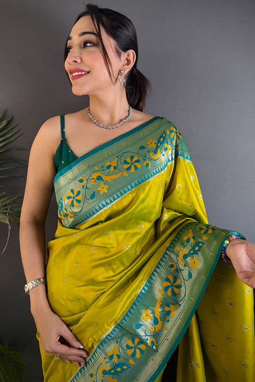 Load image into Gallery viewer, Sempiternal Mustard Paithani Silk Saree With Glittering Blouse Piece

