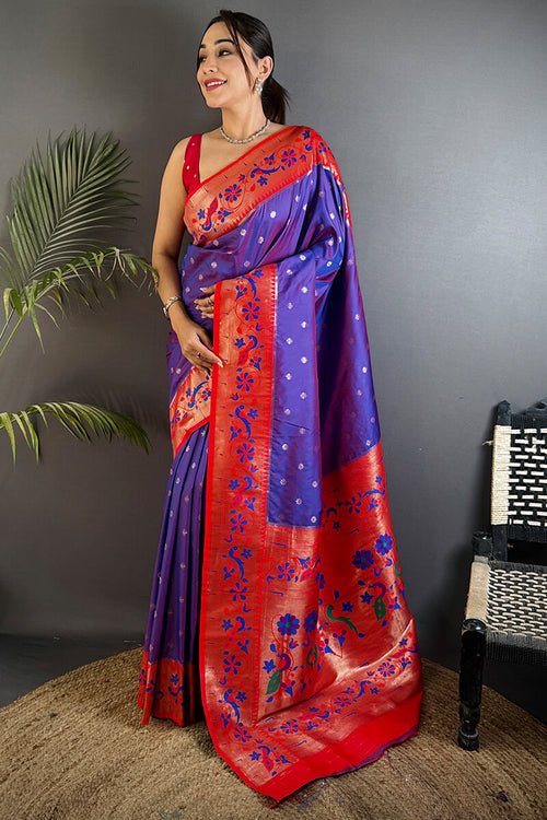 Load image into Gallery viewer, Resonant Royal Purple Paithani Silk Saree With Evanescent Blouse Piece
