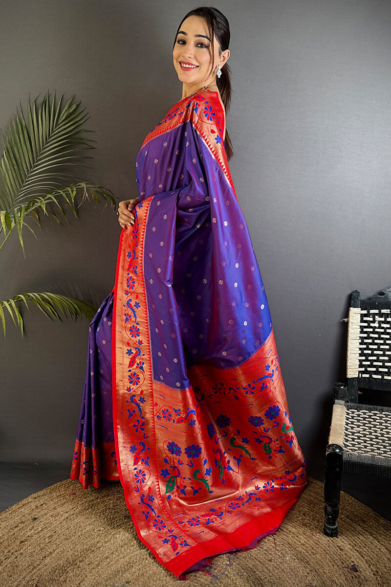 Resonant Royal Purple Paithani Silk Saree With Evanescent Blouse Piece