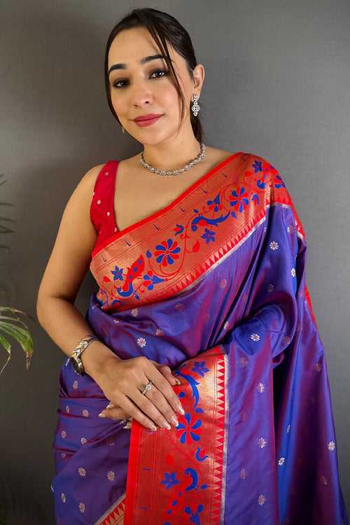 Load image into Gallery viewer, Resonant Royal Purple Paithani Silk Saree With Evanescent Blouse Piece
