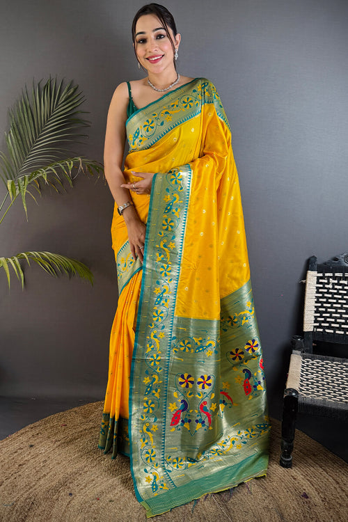Load image into Gallery viewer, Energetic Yellow Paithani Silk Saree With Palimpsest Blouse Piece
