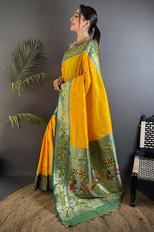 Load image into Gallery viewer, Energetic Yellow Paithani Silk Saree With Palimpsest Blouse Piece
