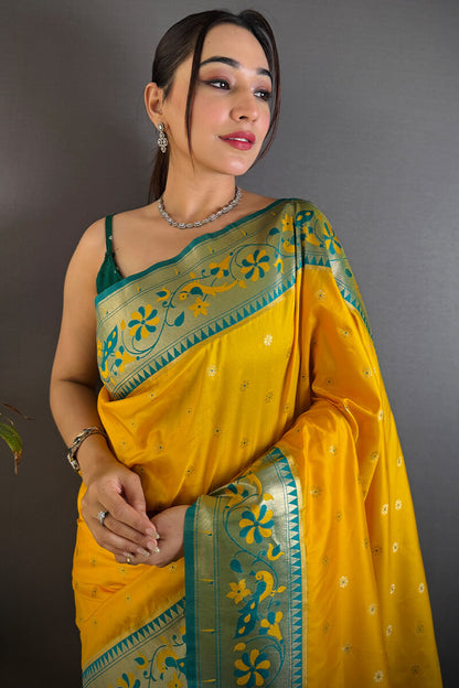 Energetic Yellow Paithani Silk Saree With Palimpsest Blouse Piece