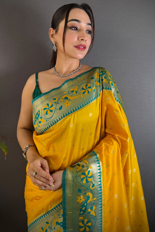 Load image into Gallery viewer, Energetic Yellow Paithani Silk Saree With Palimpsest Blouse Piece
