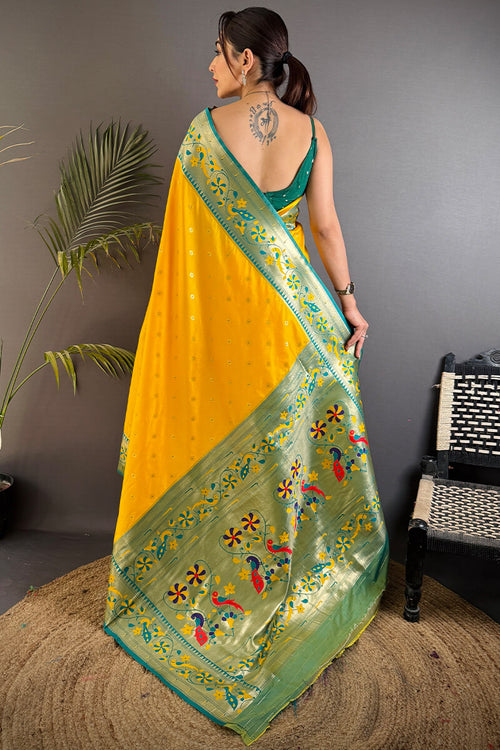 Load image into Gallery viewer, Energetic Yellow Paithani Silk Saree With Palimpsest Blouse Piece
