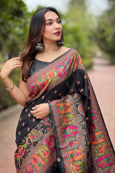 Lovely Black Nylon Dola Pashmina Saree With Precious Blouse Piece