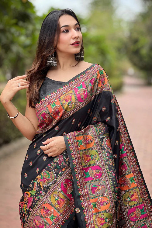 Load image into Gallery viewer, Lovely Black Nylon Dola Pashmina Saree With Precious Blouse Piece
