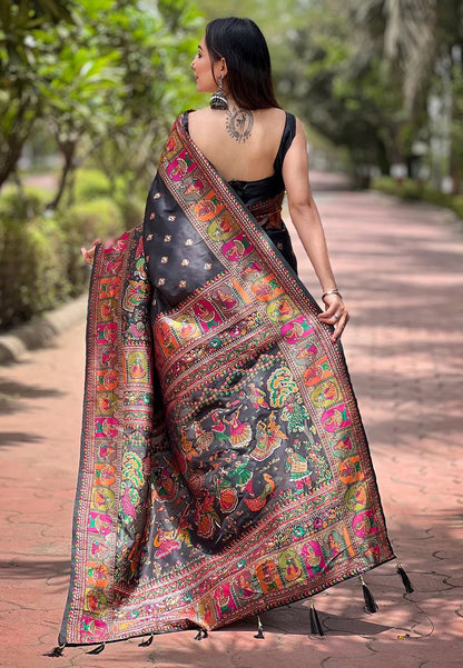 Lovely Black Nylon Dola Pashmina Saree With Precious Blouse Piece