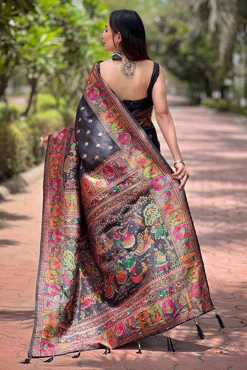Load image into Gallery viewer, Lovely Black Nylon Dola Pashmina Saree With Precious Blouse Piece

