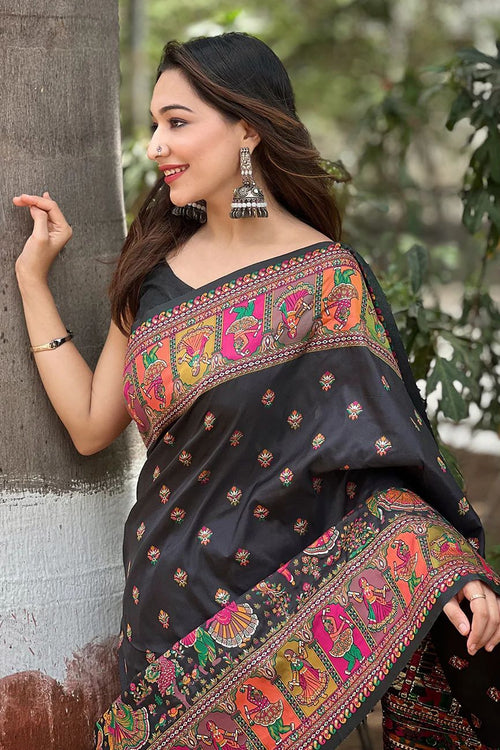 Load image into Gallery viewer, Lovely Black Nylon Dola Pashmina Saree With Precious Blouse Piece
