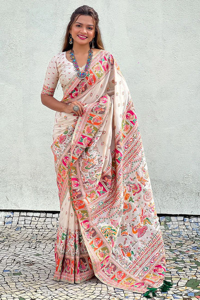 Divine Off White Nylon Dola Pashmina Saree With Seraphic Blouse Piece