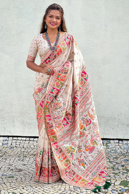 Load image into Gallery viewer, Divine Off White Nylon Dola Pashmina Saree With Seraphic Blouse Piece
