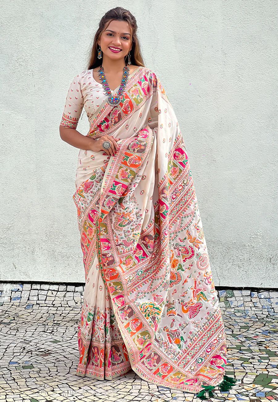 Divine Off White Nylon Dola Pashmina Saree With Seraphic Blouse Piece