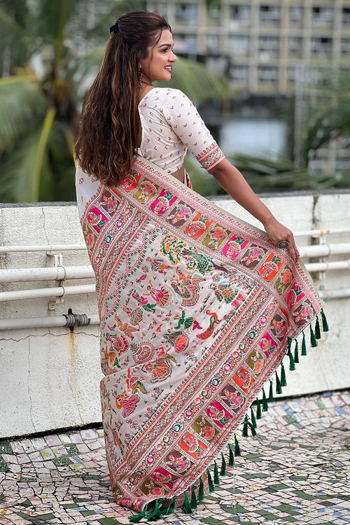 Load image into Gallery viewer, Divine Off White Nylon Dola Pashmina Saree With Seraphic Blouse Piece

