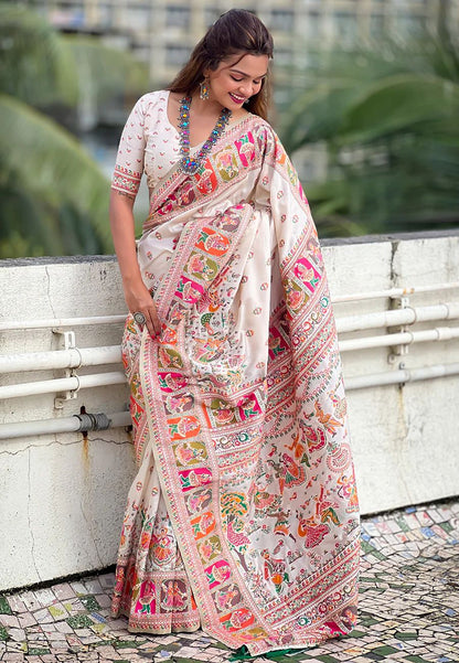 Divine Off White Nylon Dola Pashmina Saree With Seraphic Blouse Piece