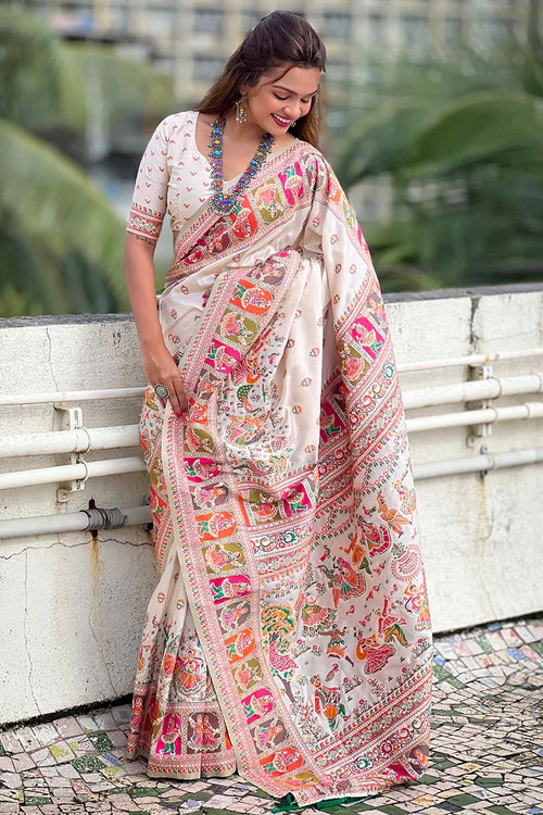 Load image into Gallery viewer, Divine Off White Nylon Dola Pashmina Saree With Seraphic Blouse Piece
