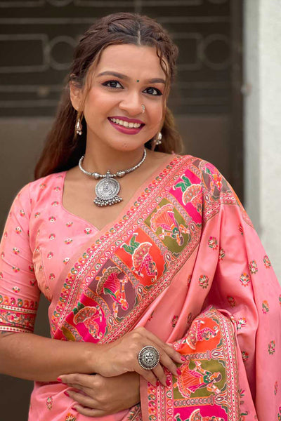 Ailurophile Pink Nylon Dola Pashmina Saree With Vestigial Blouse Piece