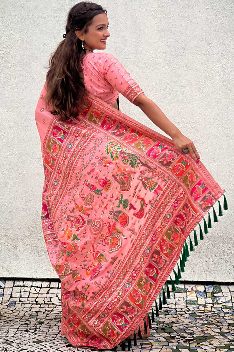 Ailurophile Pink Nylon Dola Pashmina Saree With Vestigial Blouse Piece